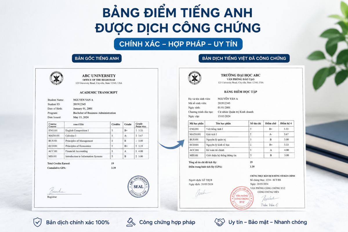 Dịch bảng điểm tiếng Anh bao nhiêu tiền? Cập nhật chi phí dịch thuật công chứng bảng điểm tiếng Anh mới nhất, lấy nhanh trong ngày, hỗ trợ hồ sơ du học, xin việc và visa.